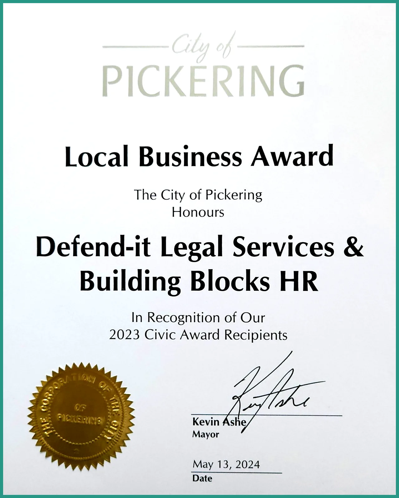 City of Pickering Civic Award 2023: Recipient of Award in Recognition of Local Contributions
