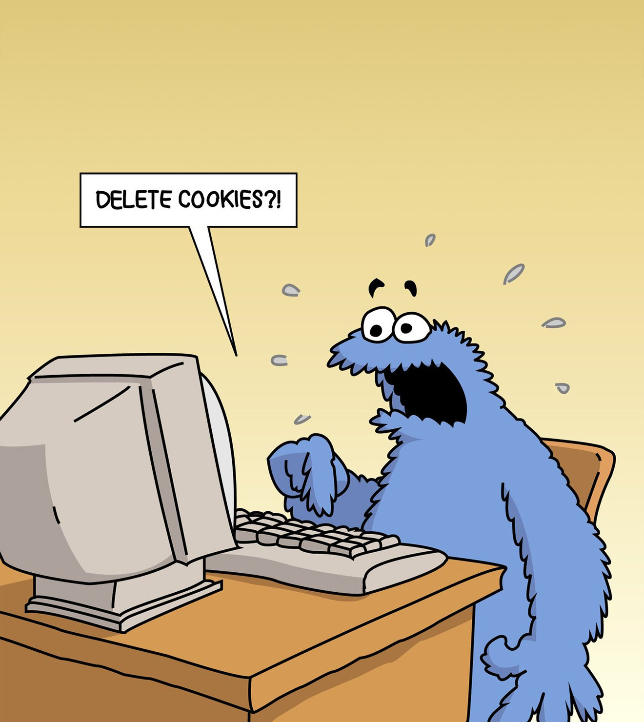 A Cartoon of Cookie Monster expressing despair at the proposition of deleting cookies.